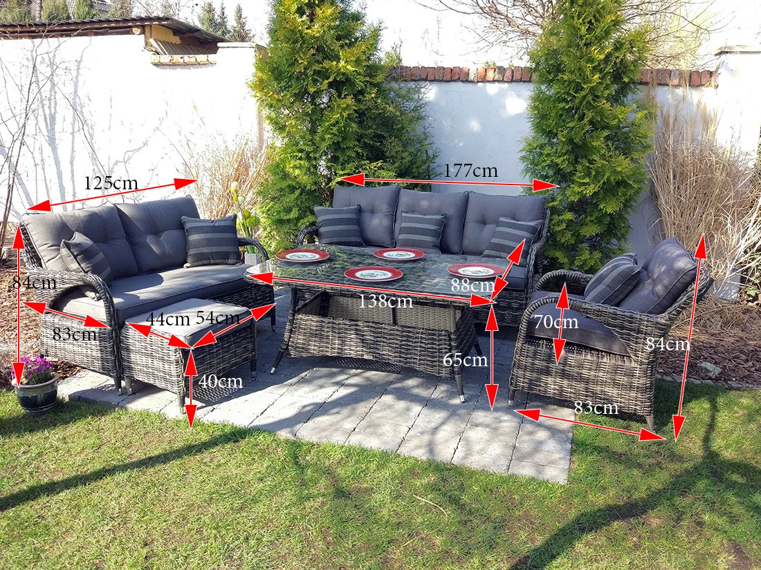 Schemat wymiarów zestawu NEPTUN BIG — sofa 3-os. 177×83×84 cm, sofa 2-os. 125×83×84 cm, fotel 70×83×84 cm (×2), pufa 54×44×40 cm (×2), stół 138×88×65 cm